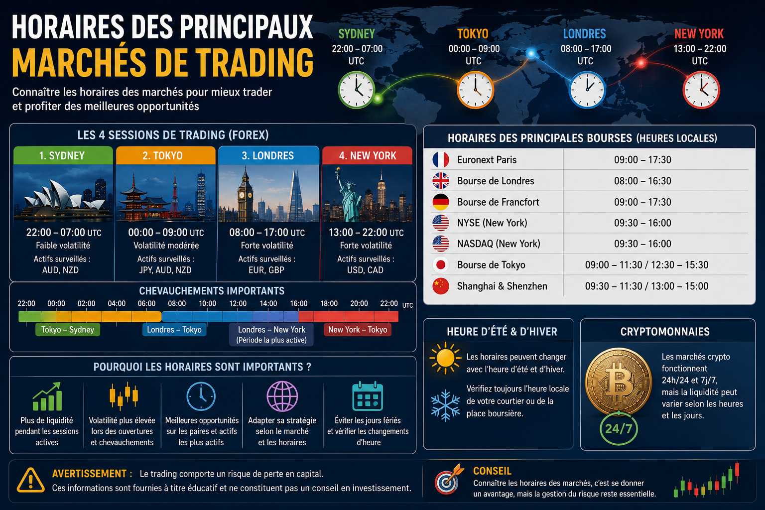 Horaires des principaux marchés de trading